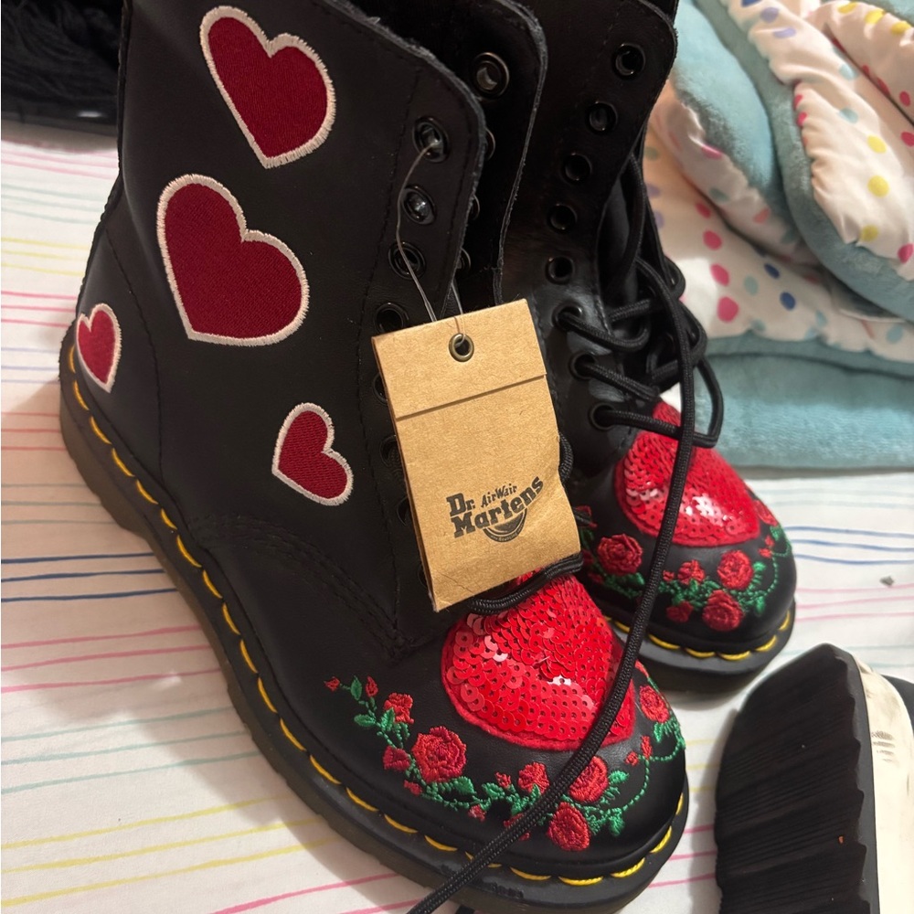 Dr. Martens Kids Black Boots with Red Hearts and Roses